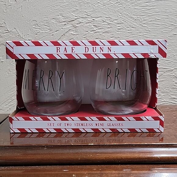 RAE DUNN SET OF TWO STEMLESS WINE GLASSES MERRY. BRIGHT. - NEW! - Picture 1 of 6